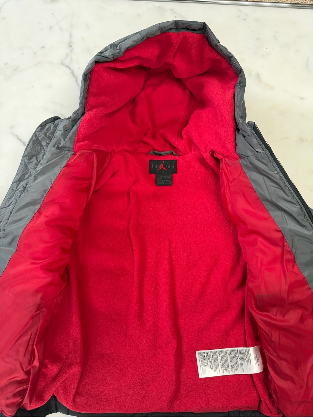 Jordan Kids Gray Puffer Jacket with Red Fleece Lining